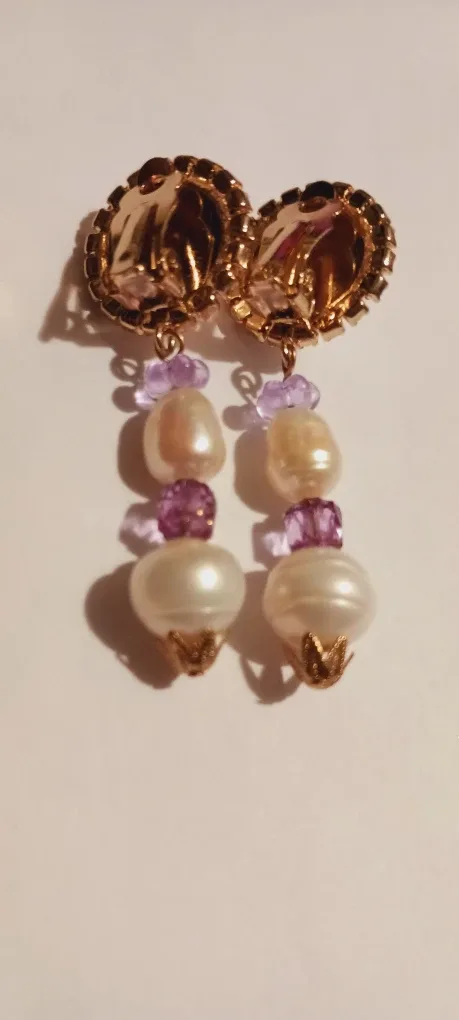 Freshwater Pearl & Purple Beads Dangle Earrings image indicator(5)