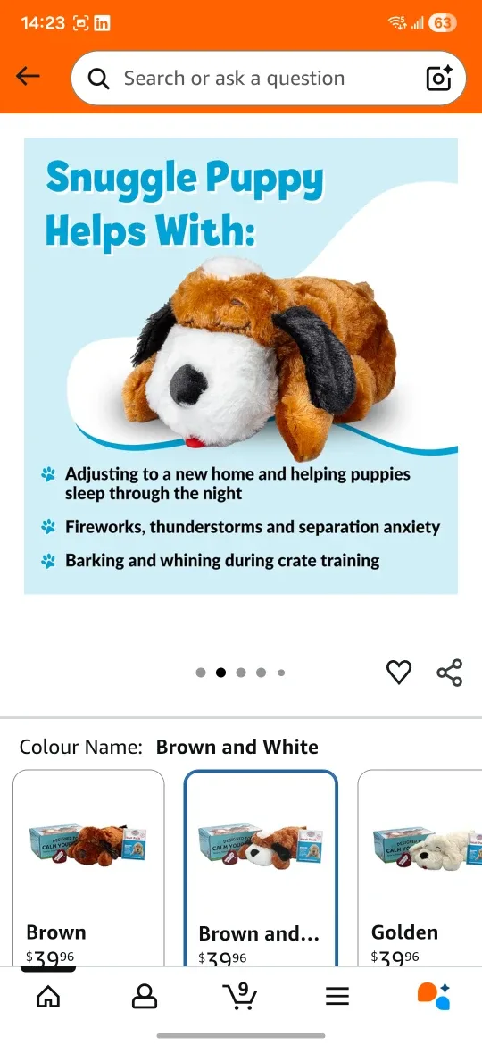 Snuggle Puppy Anxiety Solution - Real-Feel Heartbeat, Brown image indicator(8)