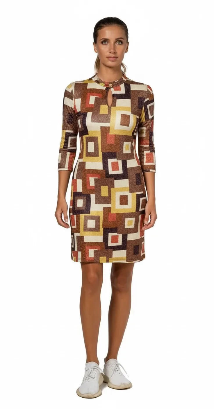 Retro Shimmery Geometric Print Dress