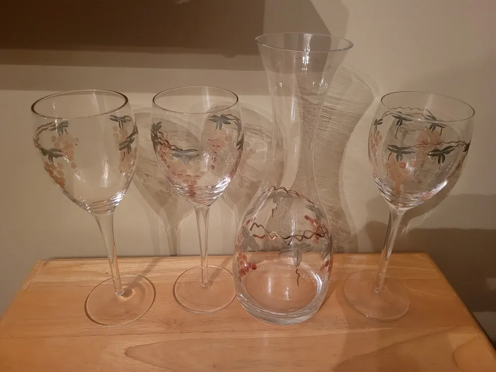 Vintage Etched Hand Painted Glass & Decanter Set