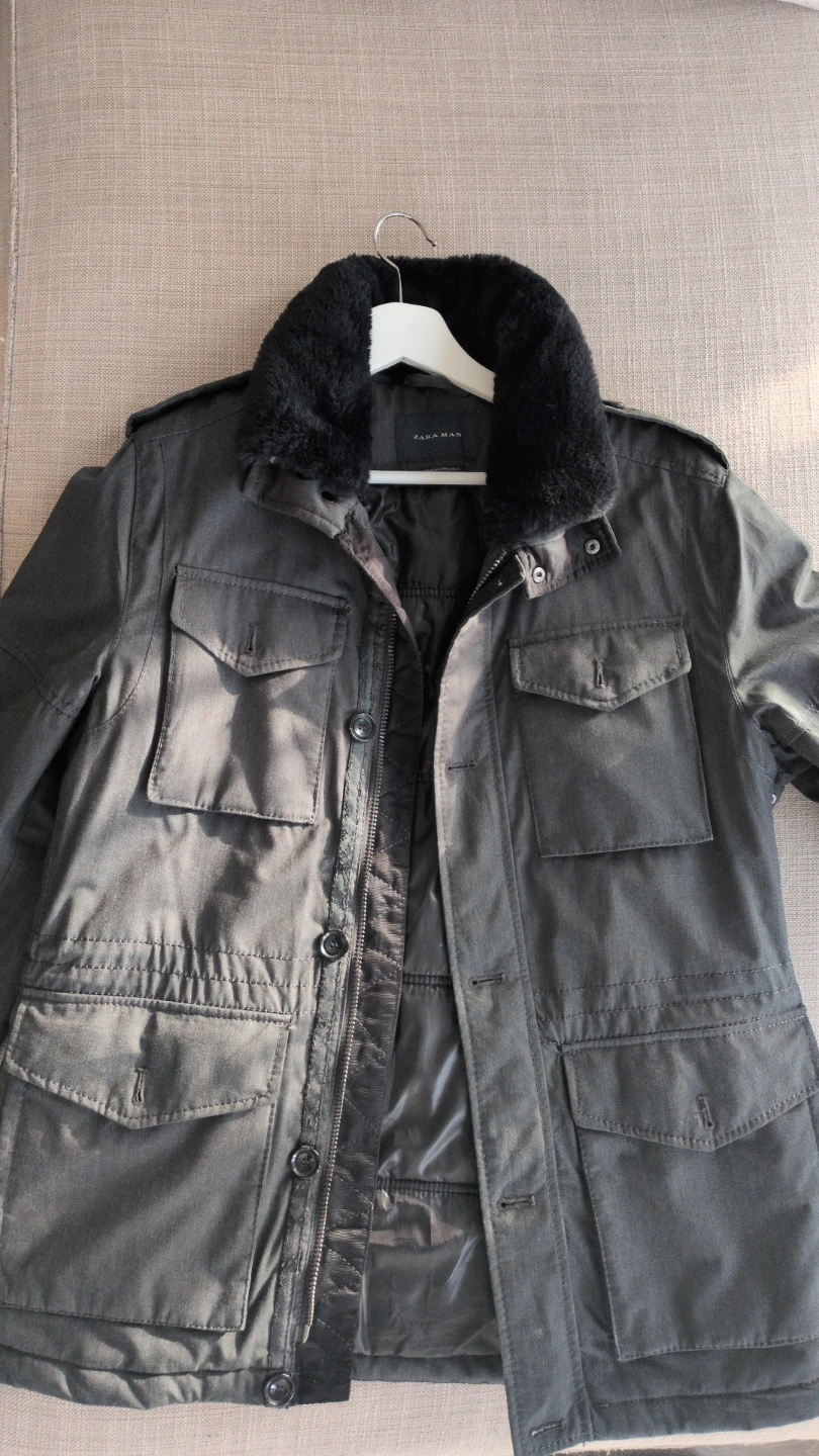Zara Men’s Grey Fur Collar Padded Zip & Button Parka Jacket
