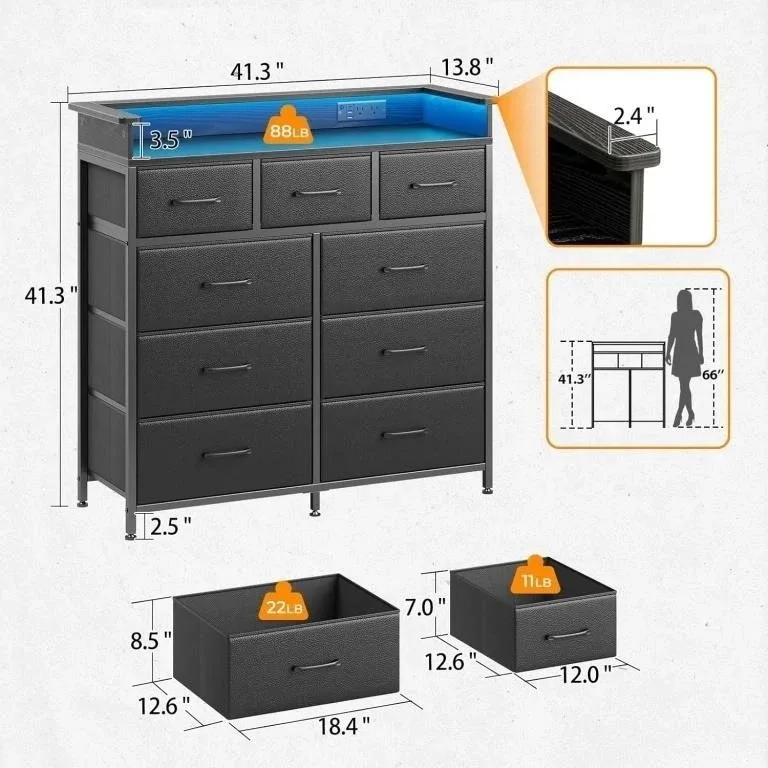 Black Dresser with 9 Drawers & LED Light image indicator(2)