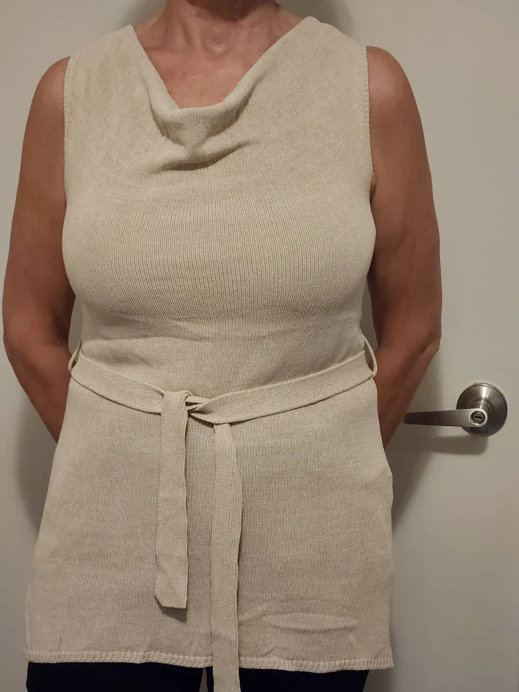 Sleeveless Knit Top with Belt - Beige