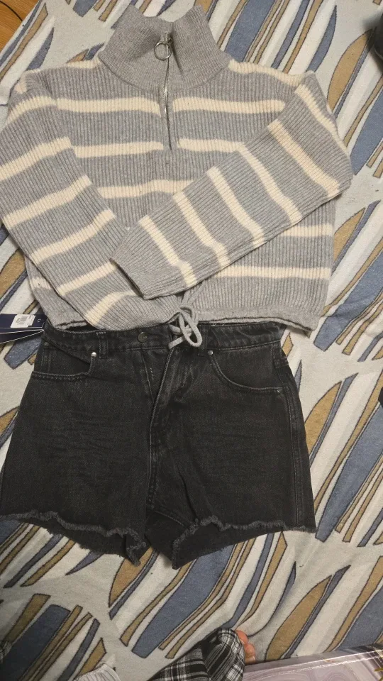 Striped Knit Sweater & Black Denim Shorts
