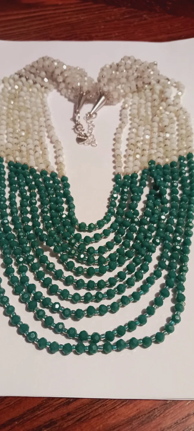 Beautiful Statement Green & White Beaded Necklace thumbnail