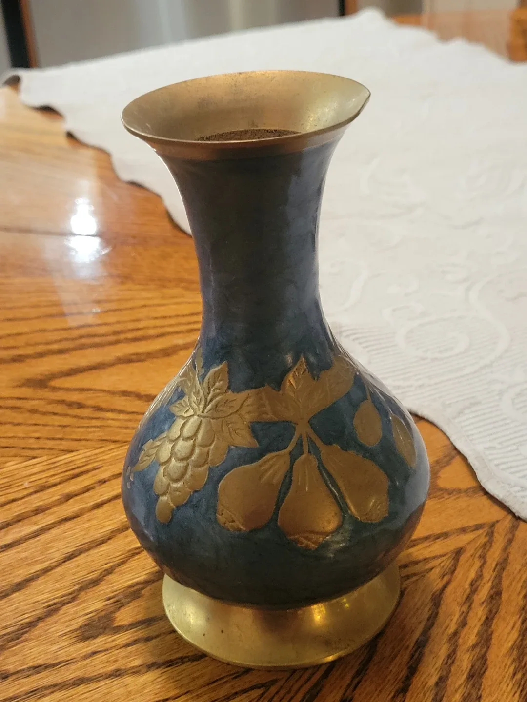 Vintage Brass Teal Fruit Motif Vase image indicator(6)