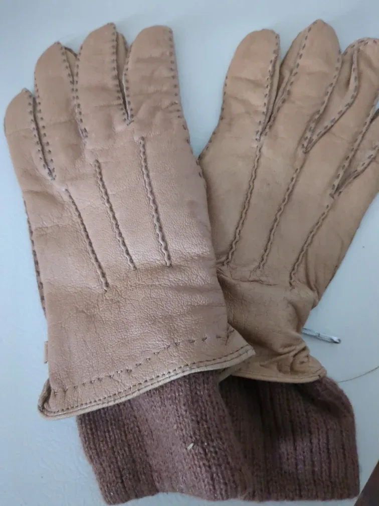Leather & Knit Gloves - Beige