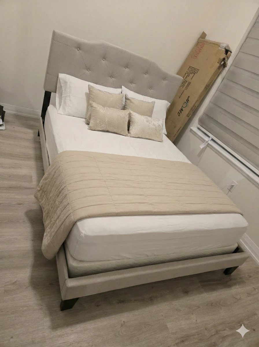 Queen Size Upholstered Bed Frame - Beige - photo 2