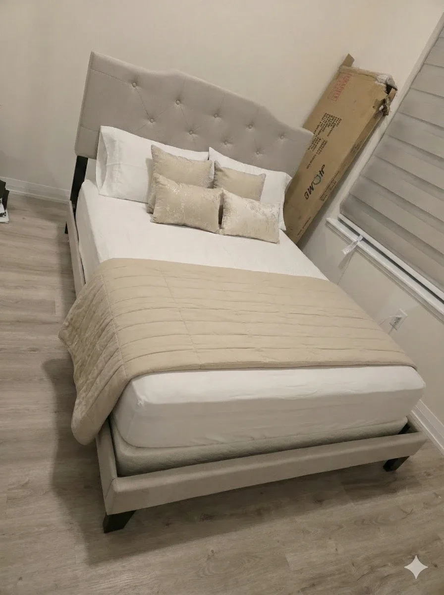 Queen Size Upholstered Bed Frame - Beige image indicator(2)