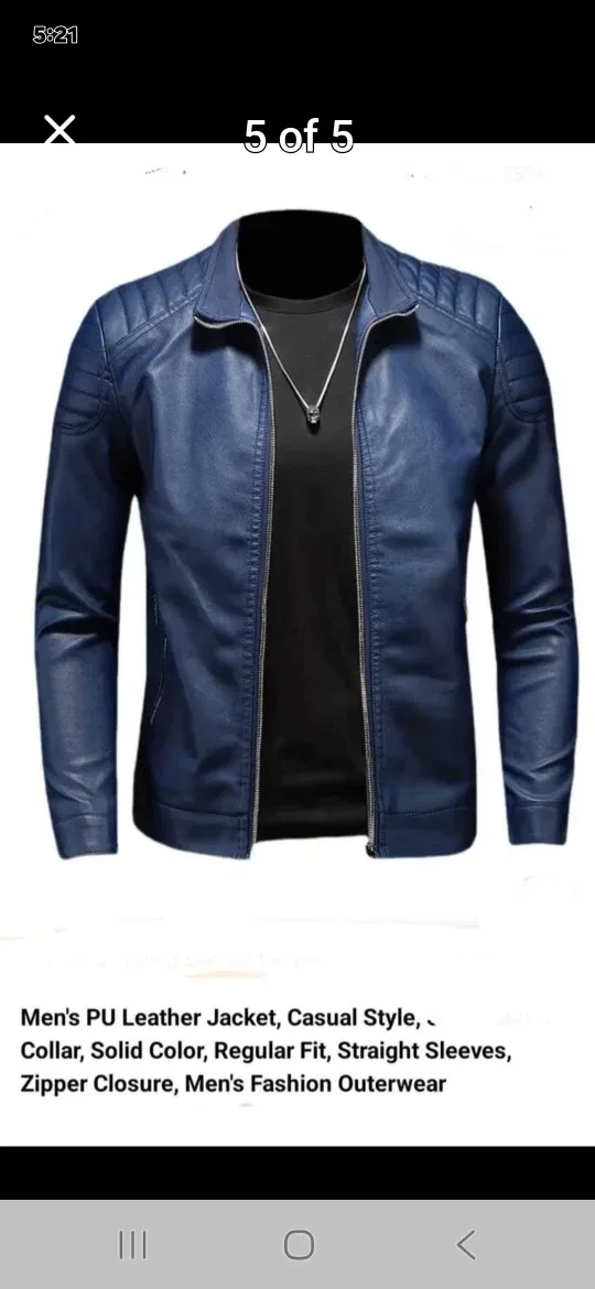 Men's Blue PU Leather Jacket, Casual Style
