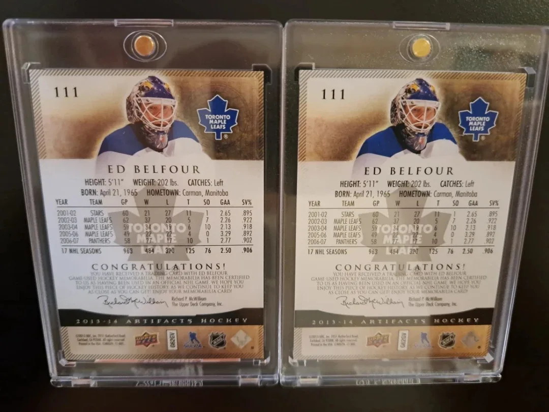 Upper Deck artifacts/Ed Belfour/silver/Emerald game worn cards image indicator(7)