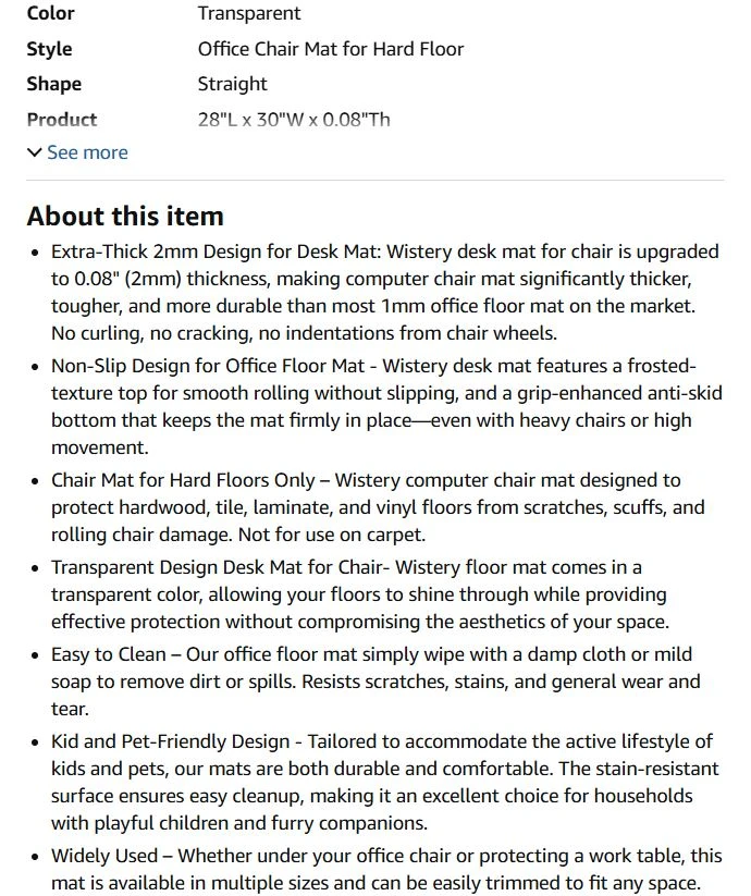 NEW Office Chair Mat for Hardwood Floor - 28"X30" - photo 5