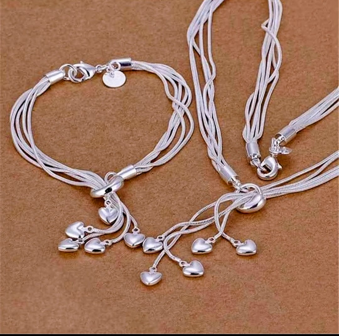 Silver Tone Heart Pendant Necklace & Bracelet Set