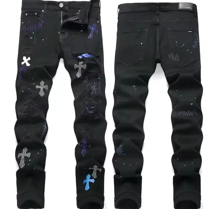 Black Distressed cross stich Denim Jeans thumbnail
