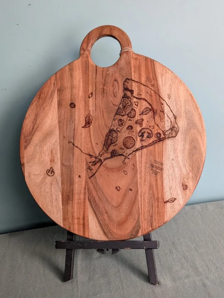 Woodburned by Hand - Acacia Wood Pizza Serving Board with Handle