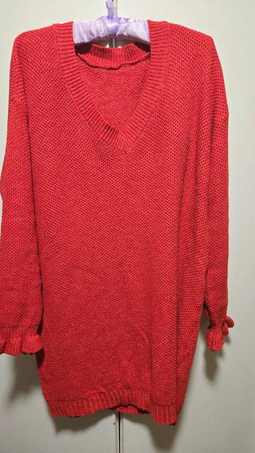 Red V-Neck Knit Long Sweater