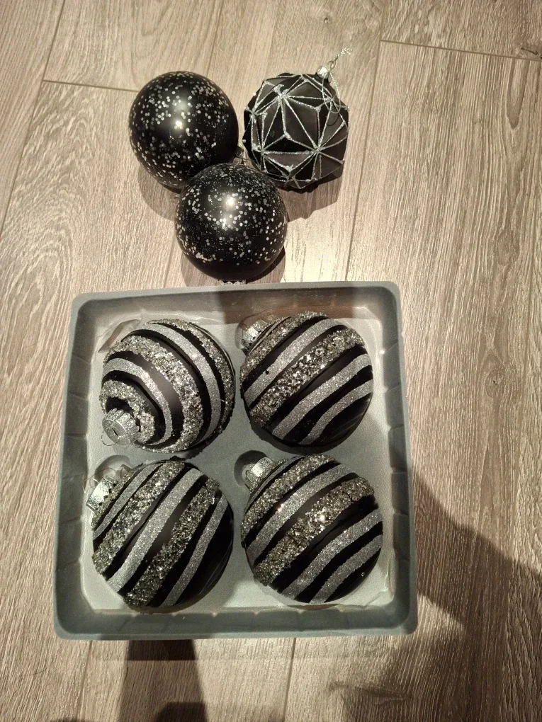 Large black Christmas bulbs.