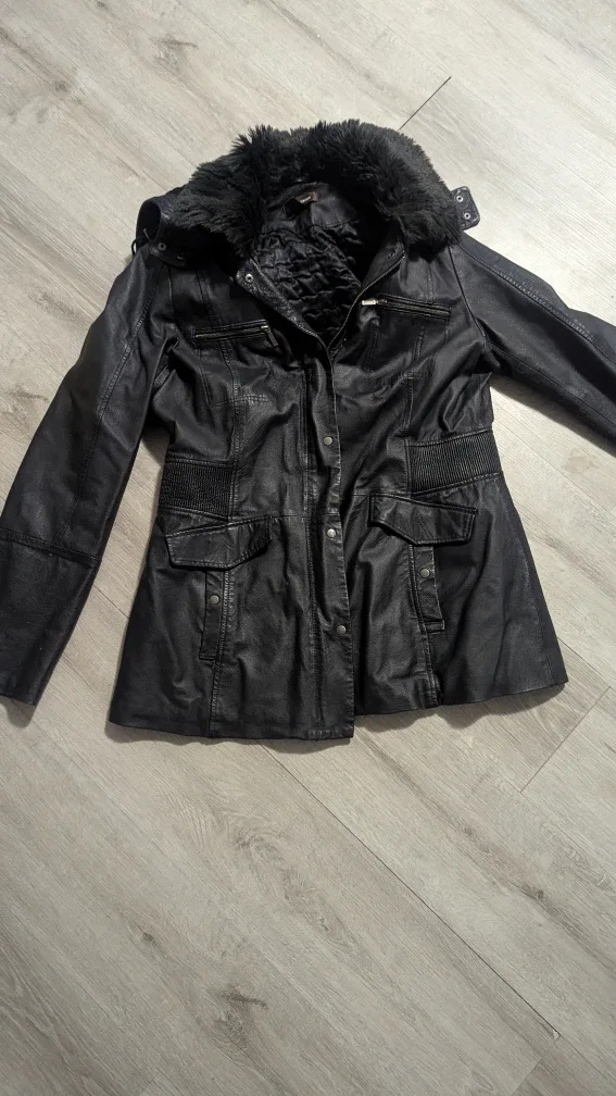 Danier Black Leather Jacket with Fur Hood (Size Lg)