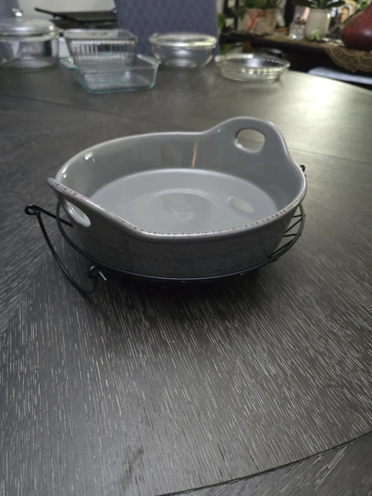 Gray Ceramic Baking Dish with Metal Stand