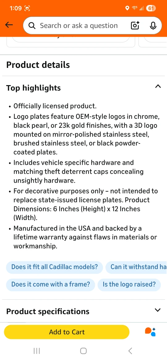 Au-TOMOTIVE GOLD Cadillac Logo Plate - New - photo 5