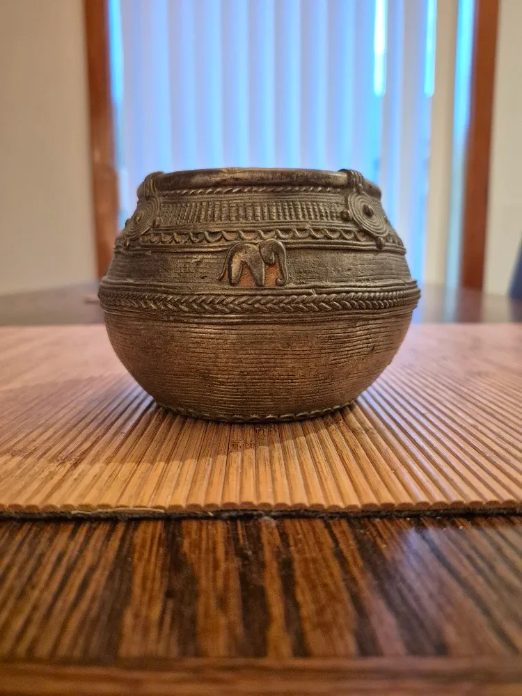 Vintage/Antique Handmade Brass Pot with Elephant & Moon