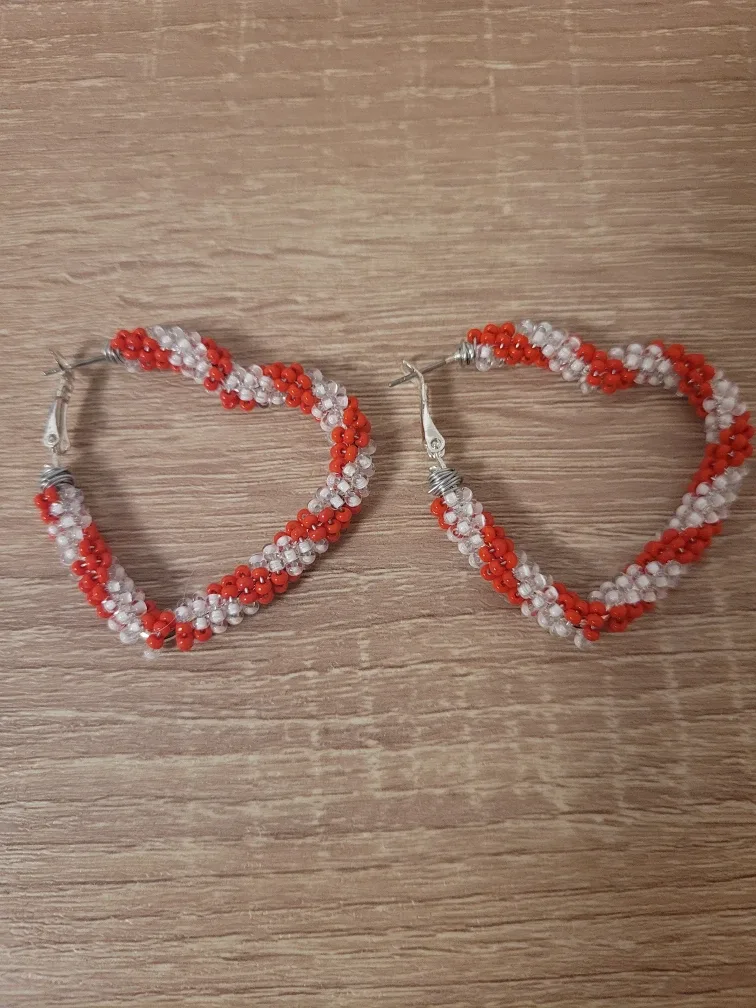 Pink Beaded Silver Heart Hoops