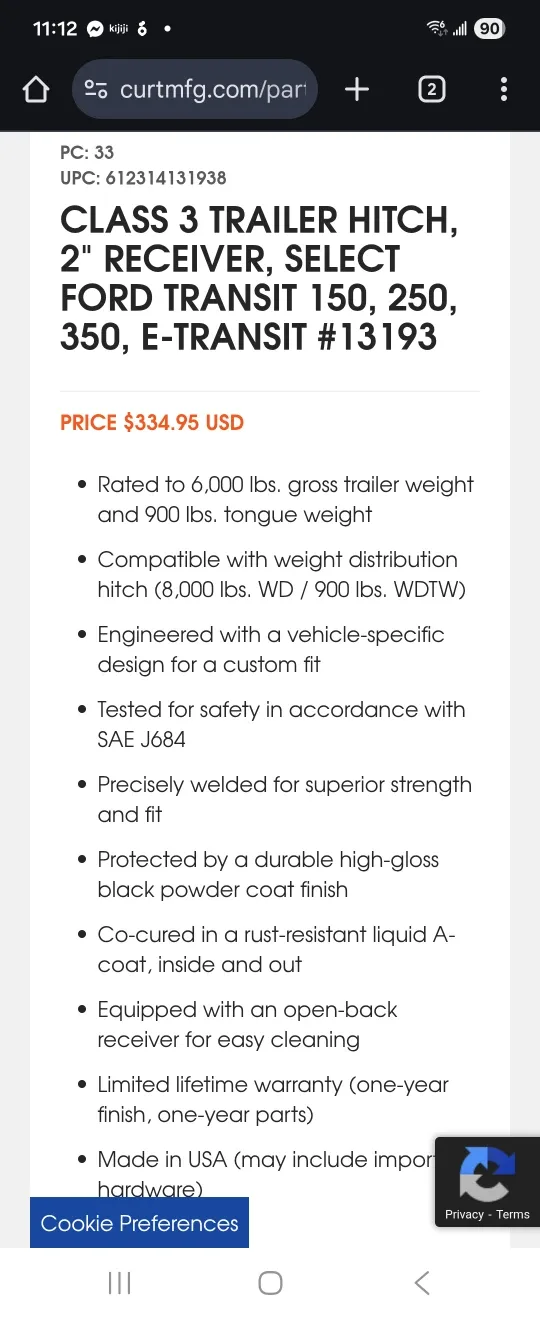 Class 3 Trailer Hitch, 2" Receiver, Select Ford Transit 150, 250 image indicator(6)