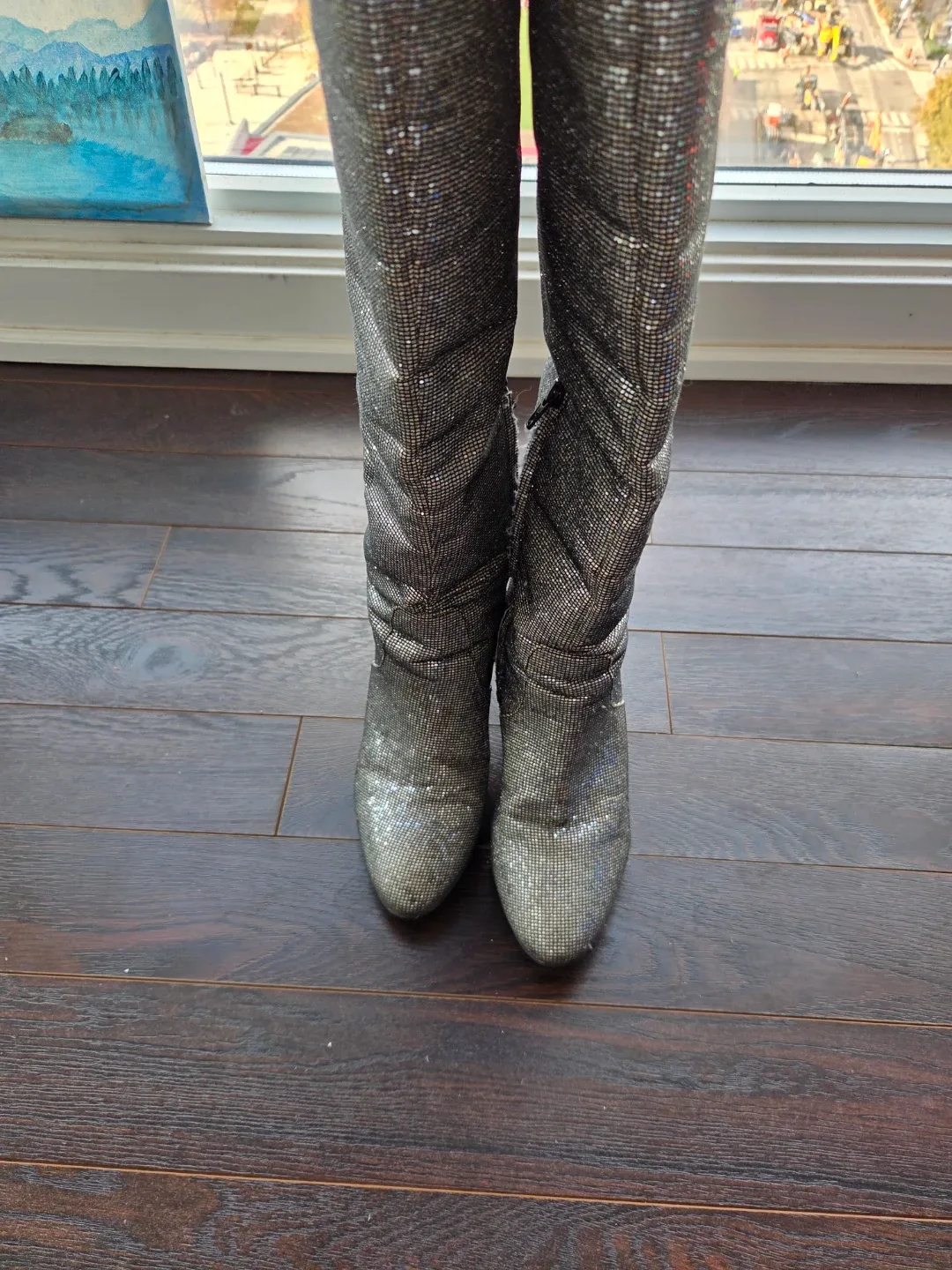Silver Sparkly Knee High Boots Size 7 image indicator(3)