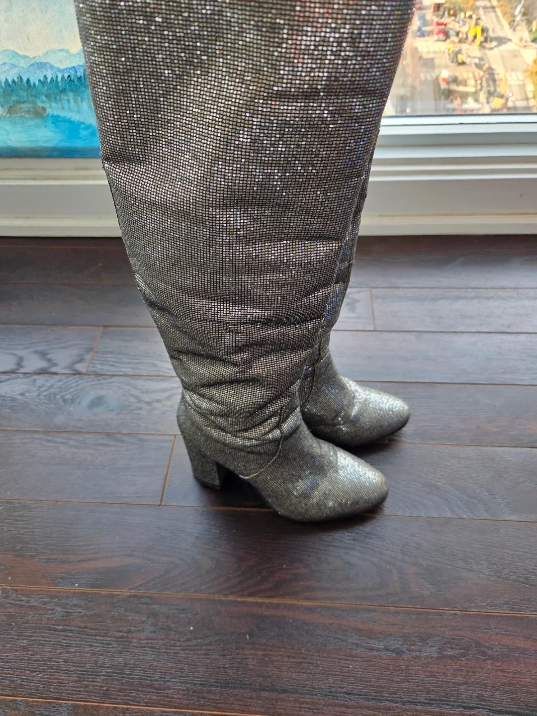 Silver Sparkly Knee High Boots Size 7 image indicator(4)