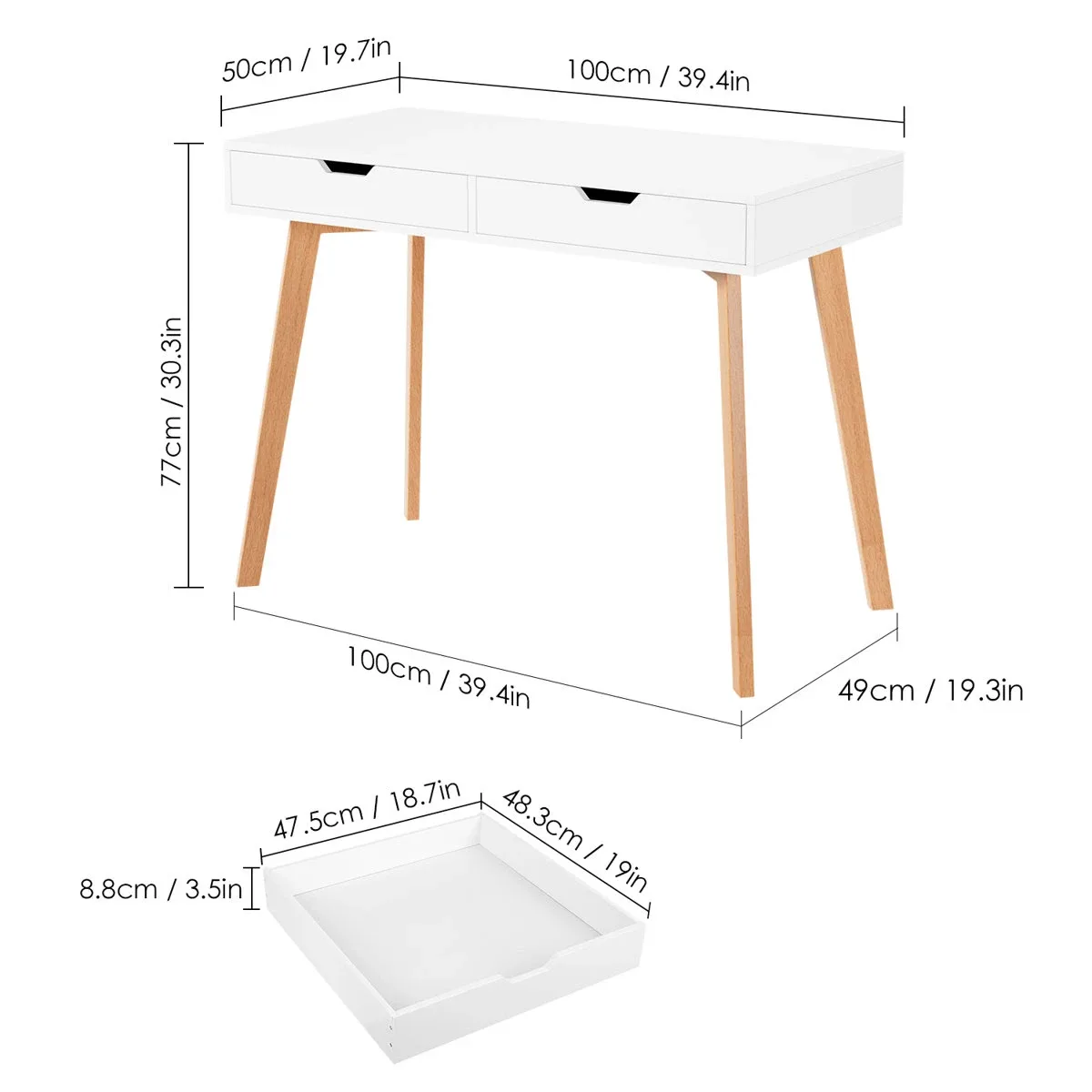 White Desk with Drawer, Wood Legs image indicator(4)