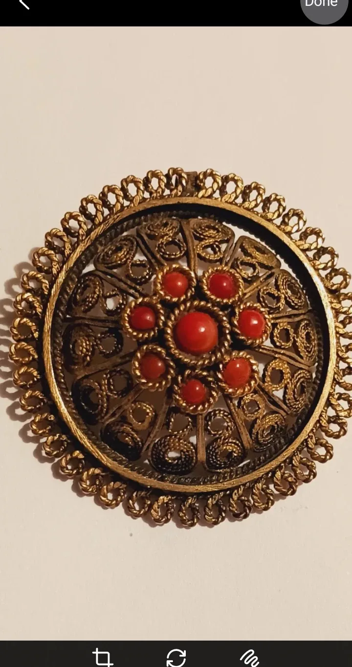 ISRAEL 925 GOLD OVER STERLING SILVER CORAL BROOCH thumbnail