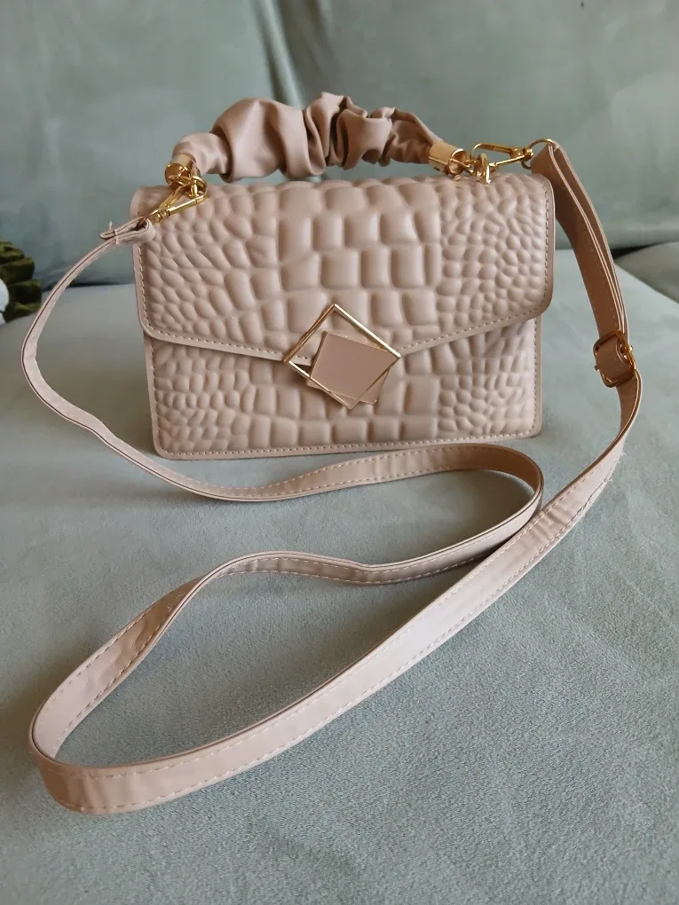 Beige Crocodile-Embossed Handbag