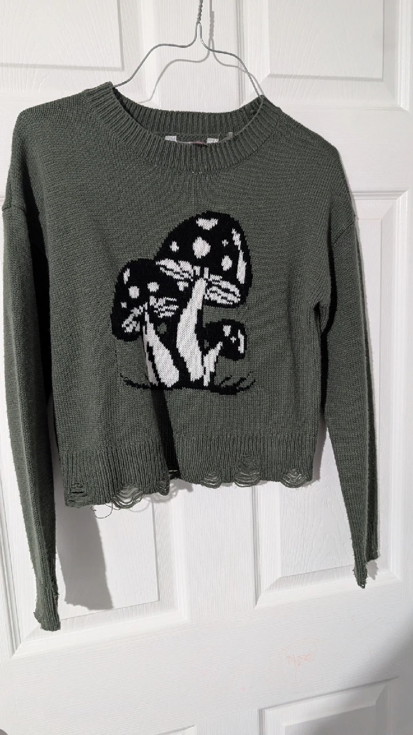 Mushroom Print Olive Green Sweater