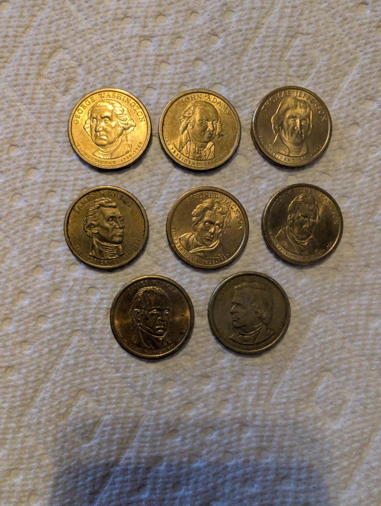 Set of 8 US Presidential Golden Dollar Coins