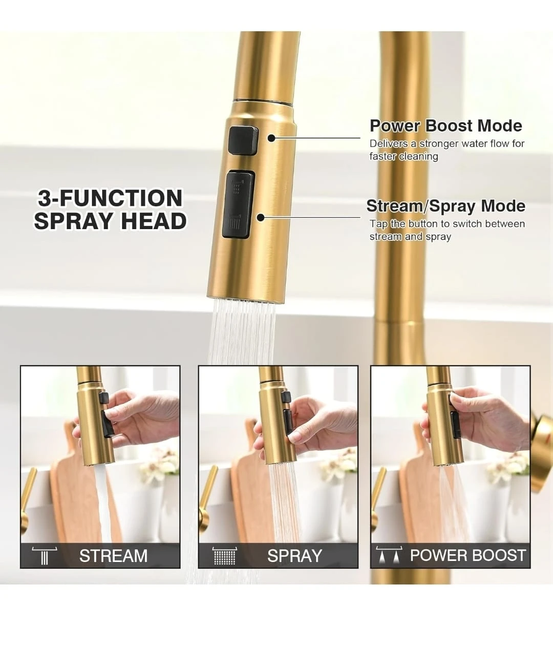 Gold Kitchen Faucet with 3-Function Spray Head - photo 2