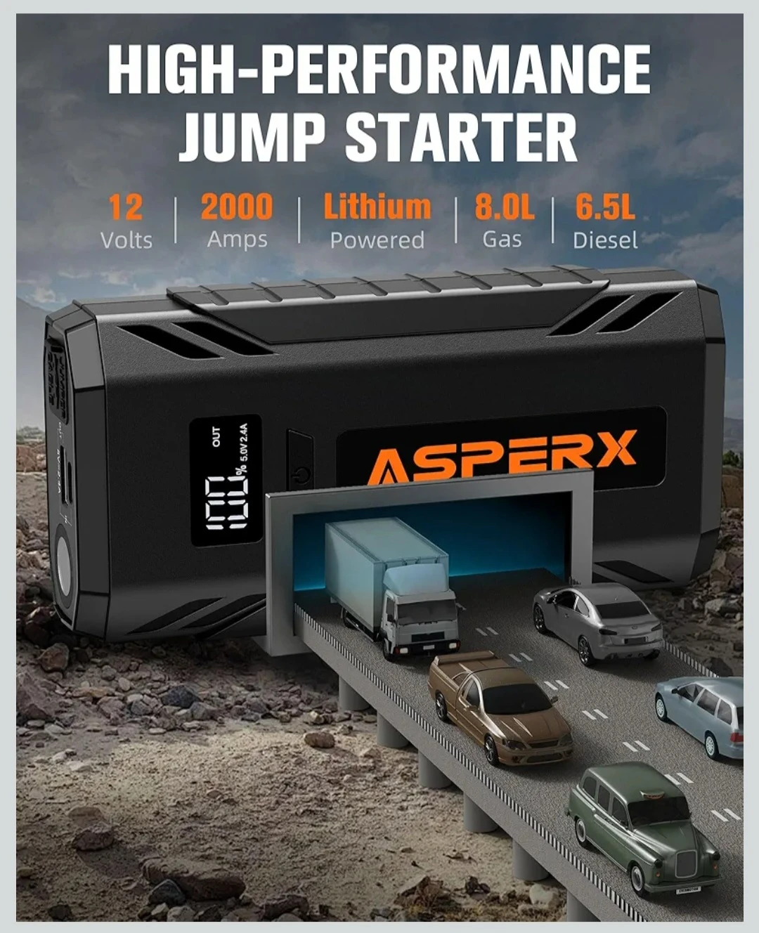 AsperX Booster Pack Jump Starter, 2000A Car Battery Booster - photo 2