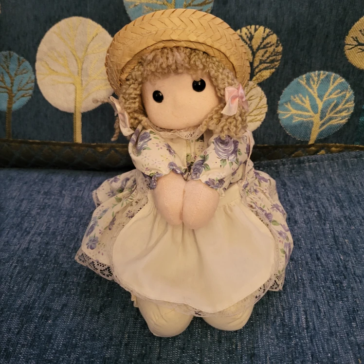Vintage musical  Floral Dress Doll with Straw Hat