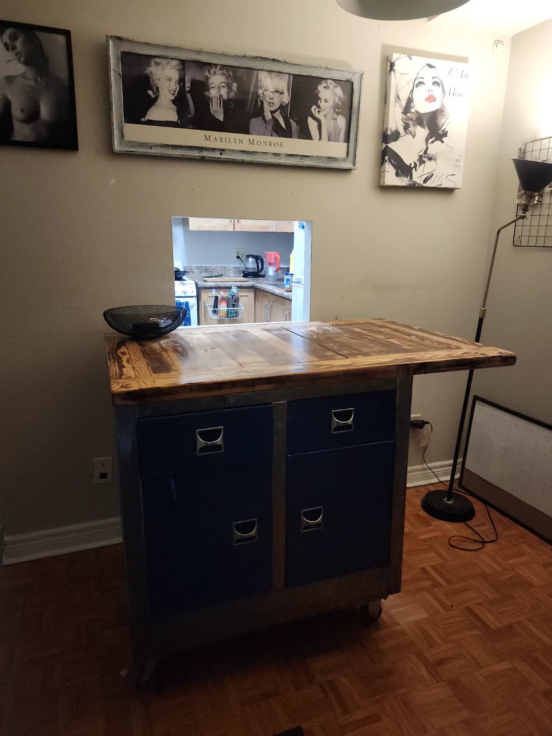Wood Top Kitchen Island with Blue Drawers
