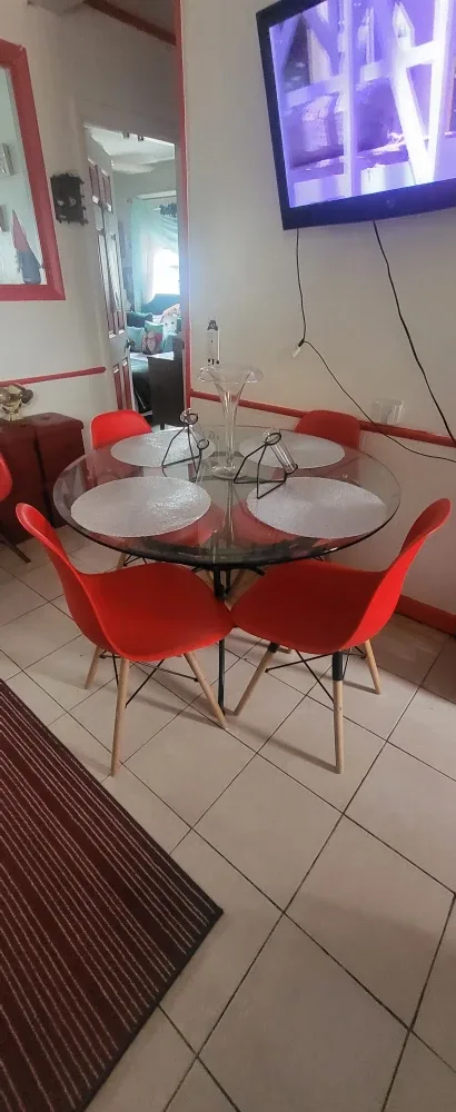 Glass Top Dining Table with 4 Red Chairs image indicator(2)