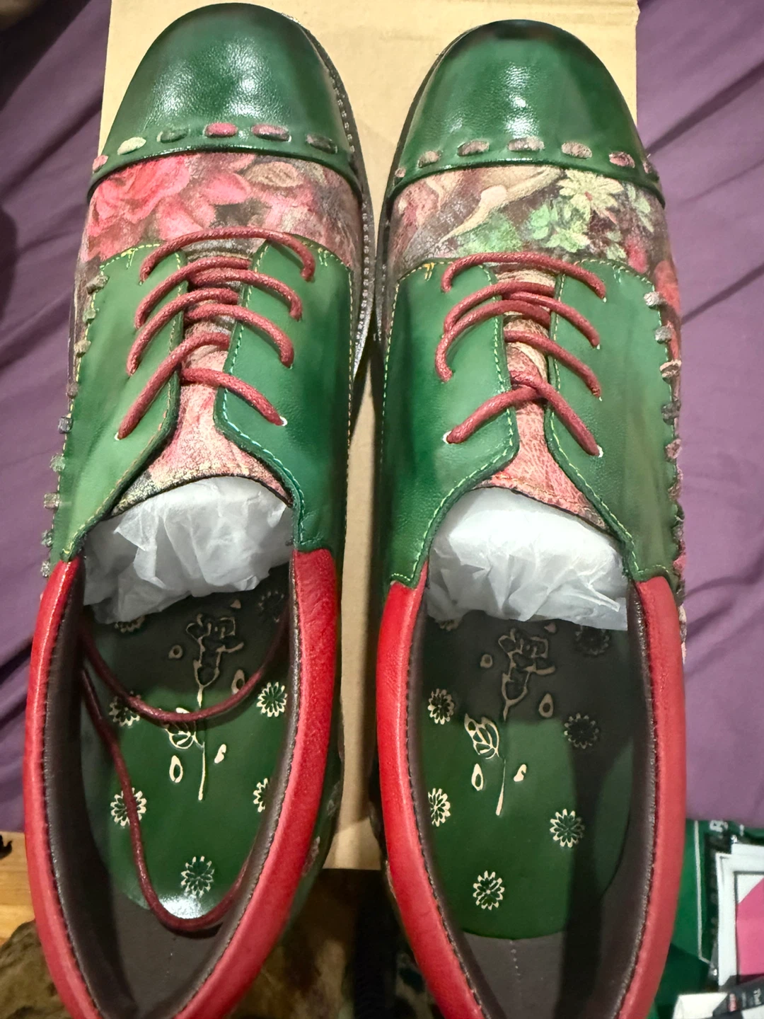 Unique Floral Leather Shoes - Green & Red - photo 4