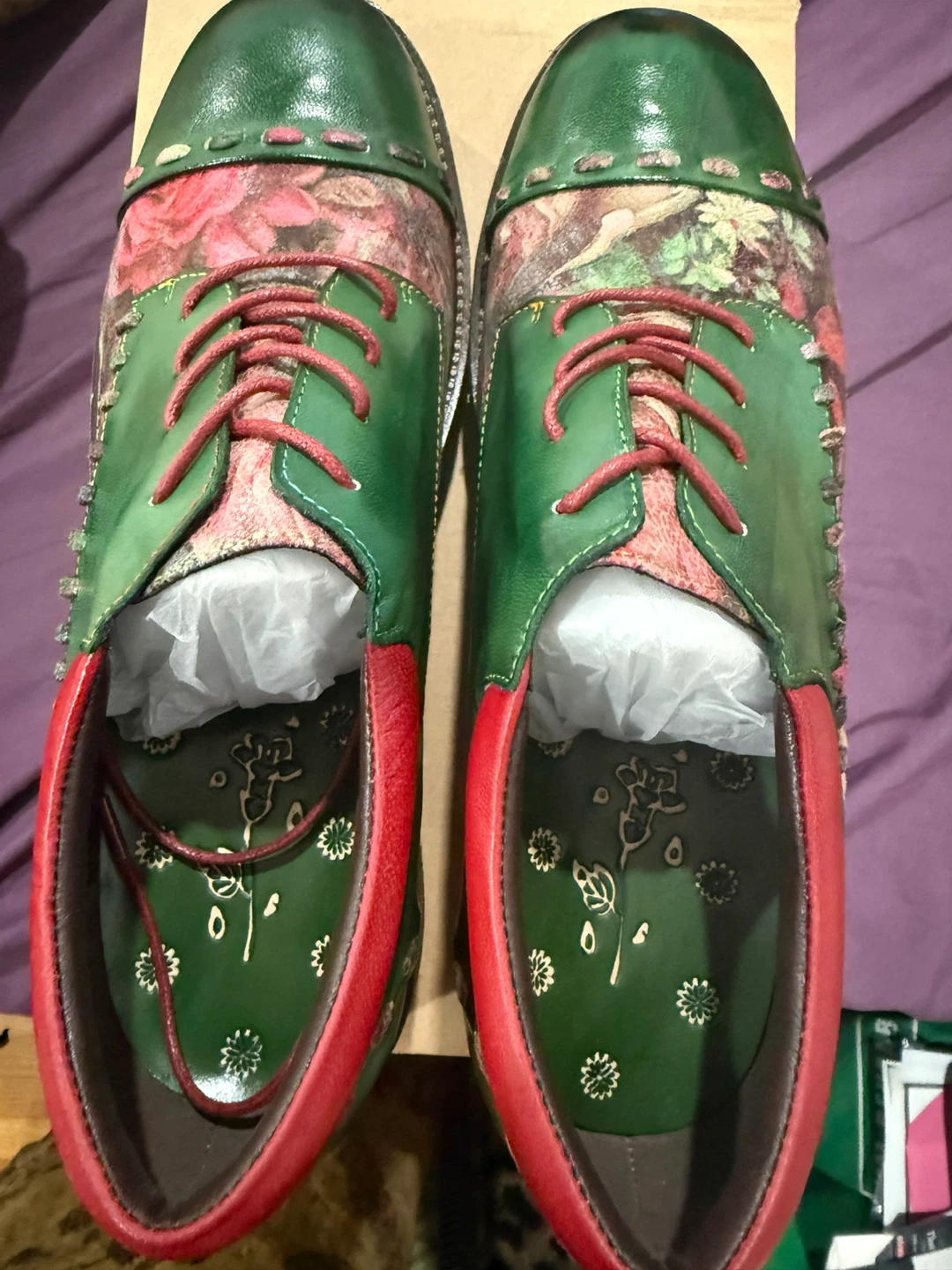 Unique Floral Leather Shoes - Green & Red