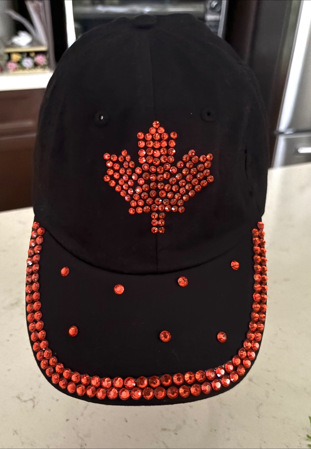 Black Baseball Cap with Glittering Red Crystal Maple Leaf