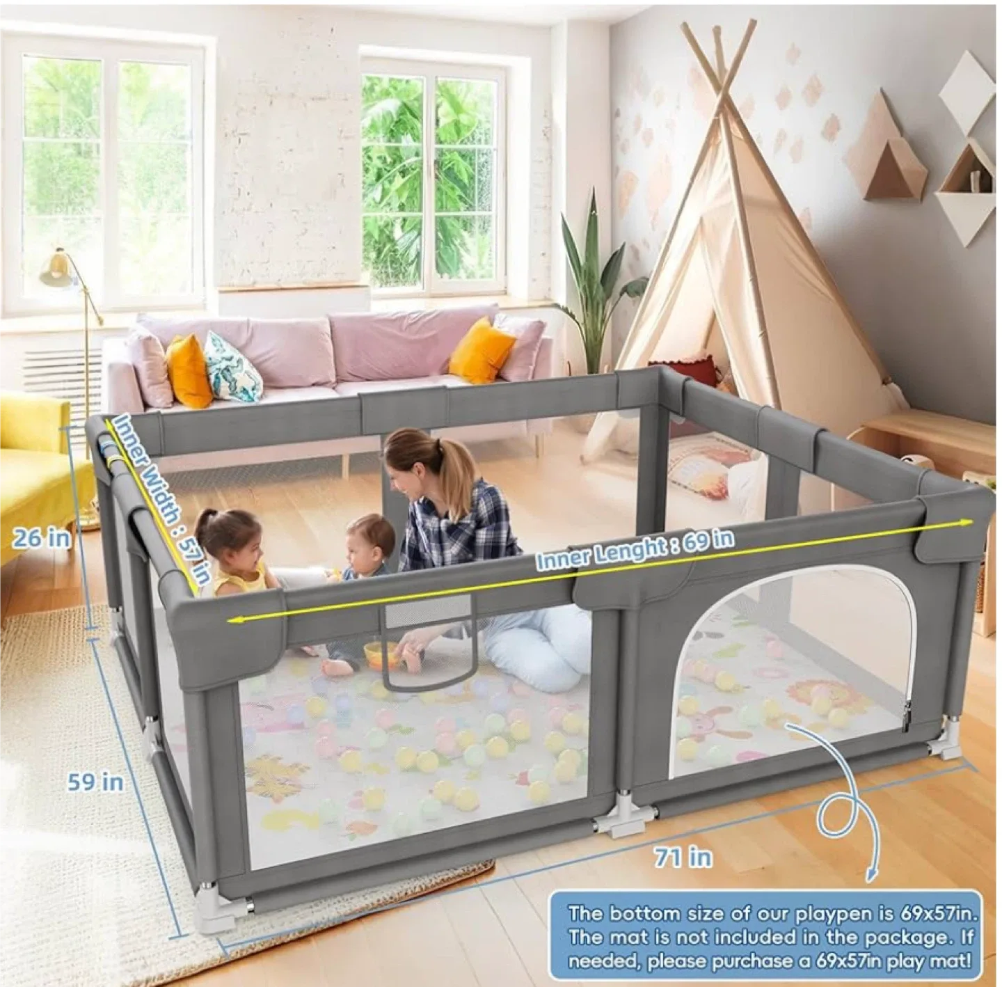 Baby Playpen, 71"x59" for Babies and Toddlers, Without Mat image indicator(2)