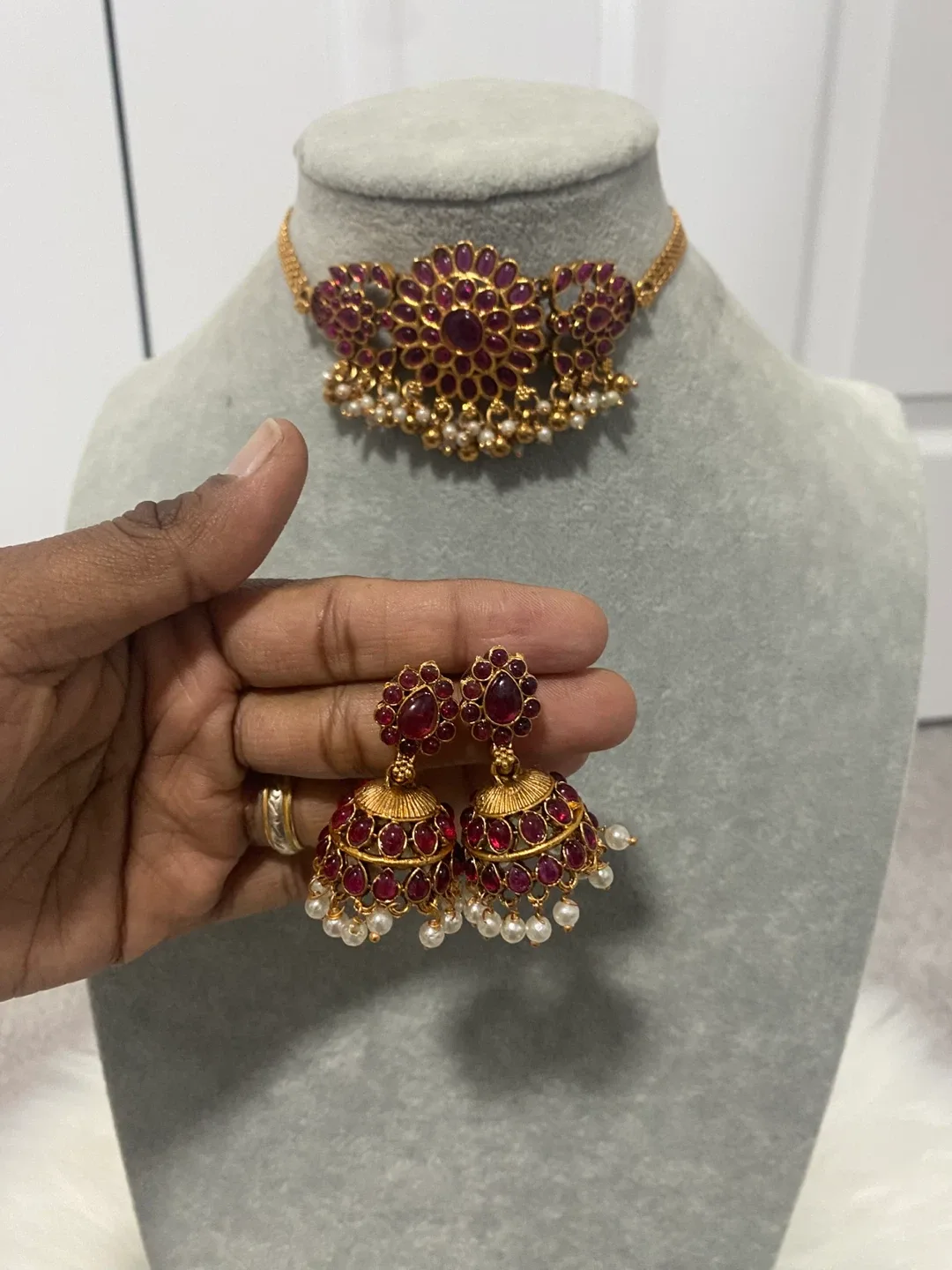 Necklace & Earrings Set - Red & Gold thumbnail