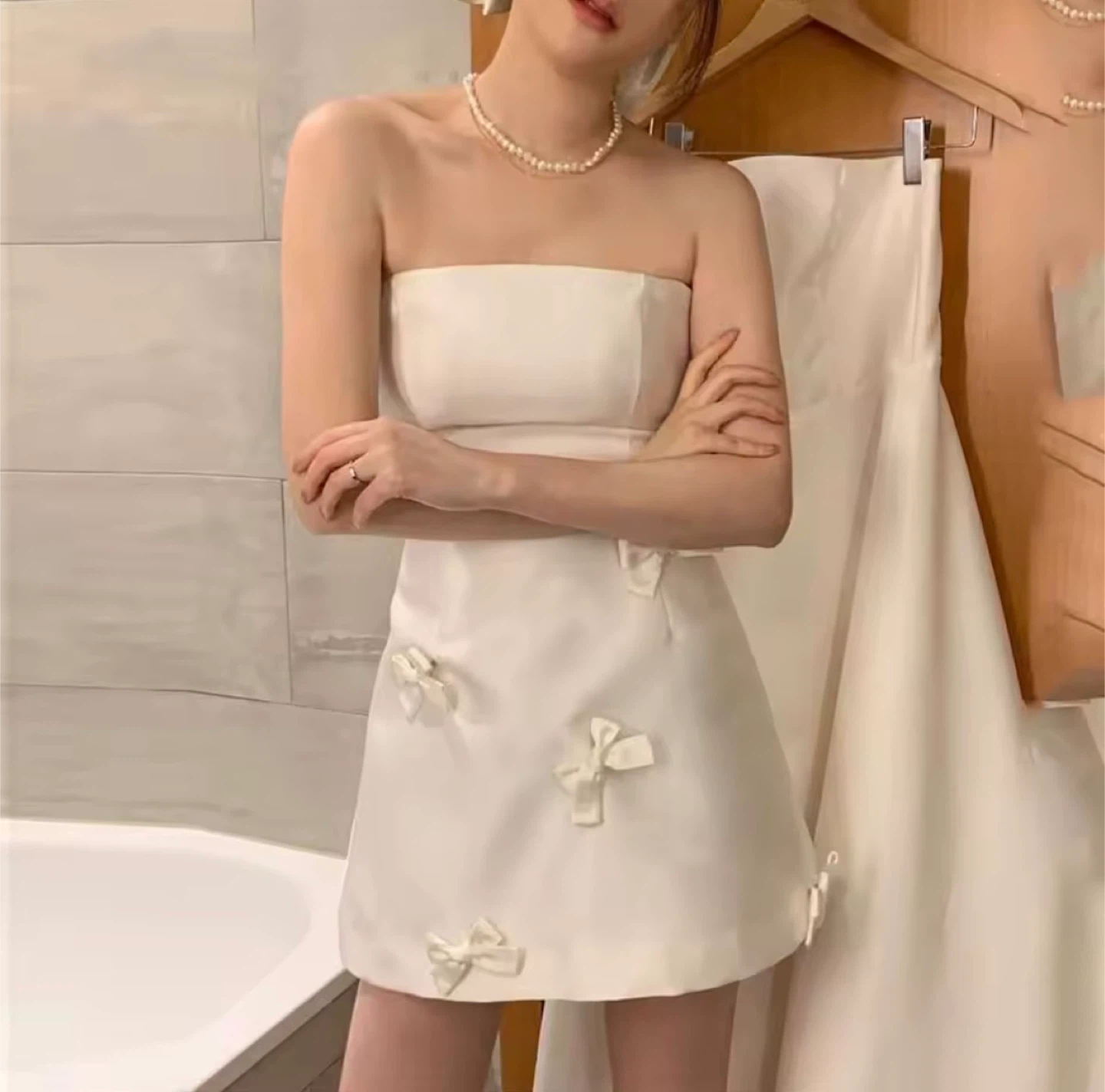 White Strapless Mini Dress with Bows - photo 2