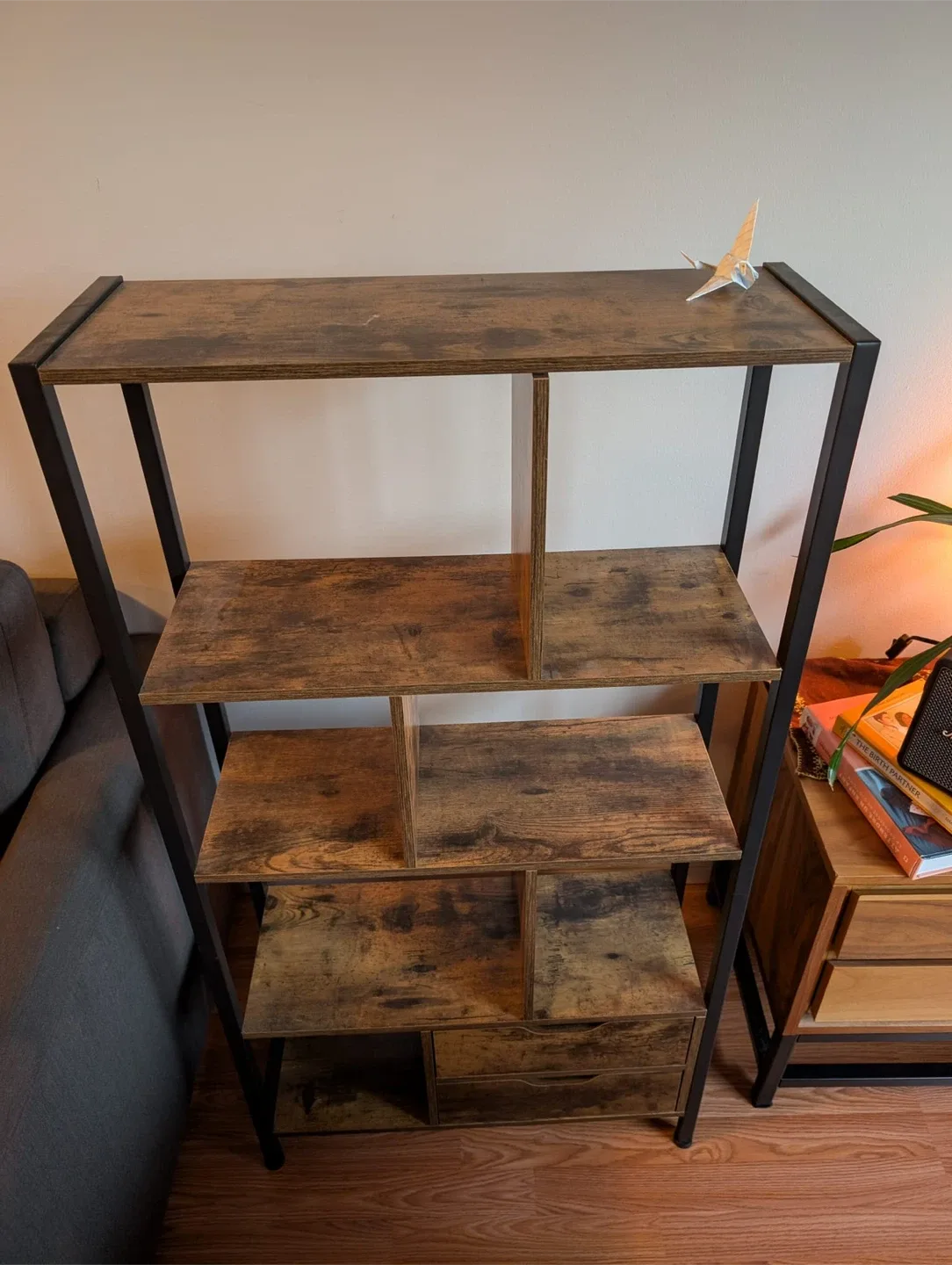 Industrial Brown Bookshelf with Drawers