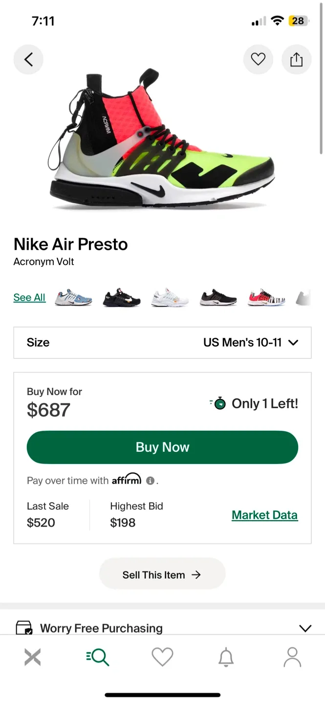 Nike Air Presto Acronym Volt US Men's 10-11 image indicator(2)