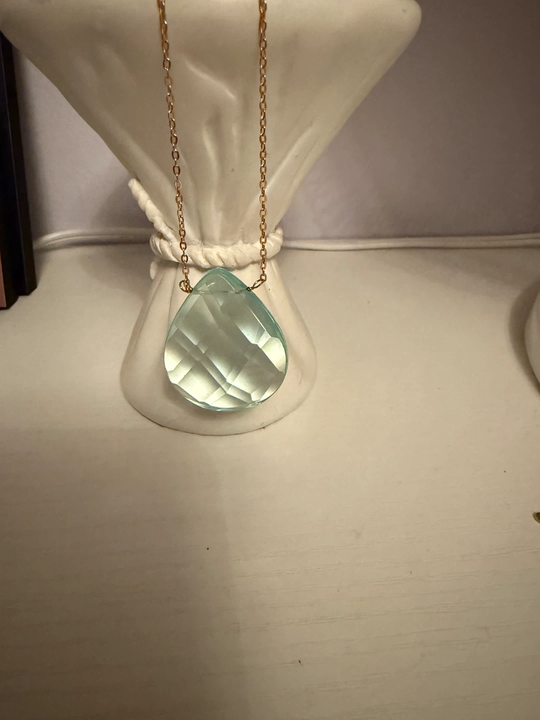 Teardrop Pendant Necklace - Gold color chain & Light Blue