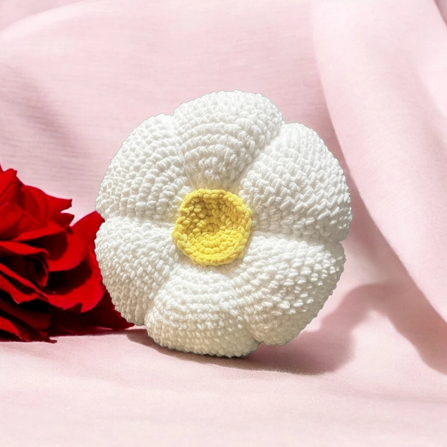 Handmade Crochet Flower Pillow - White & Yellow - photo 2