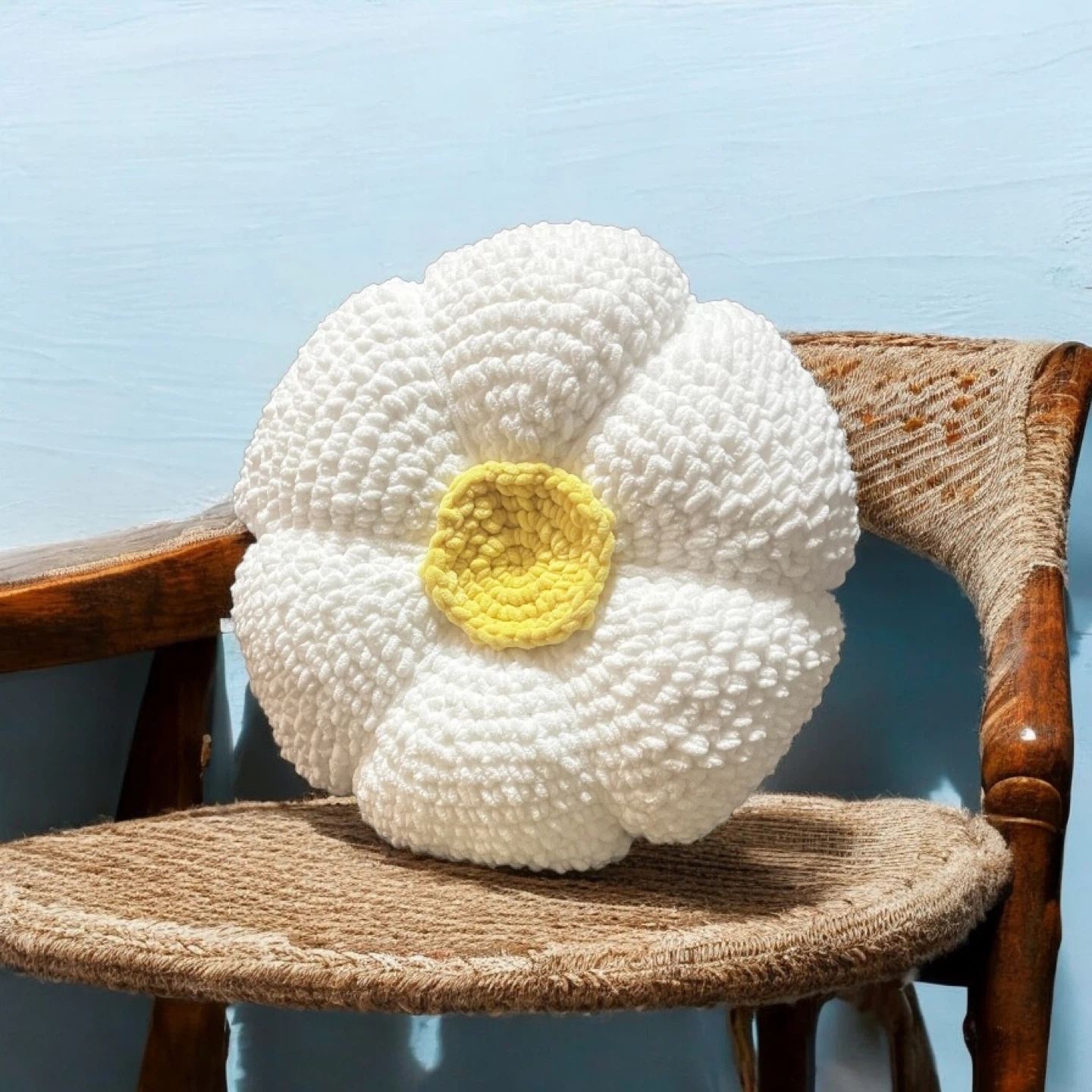 Handmade Crochet Flower Pillow - White & Yellow